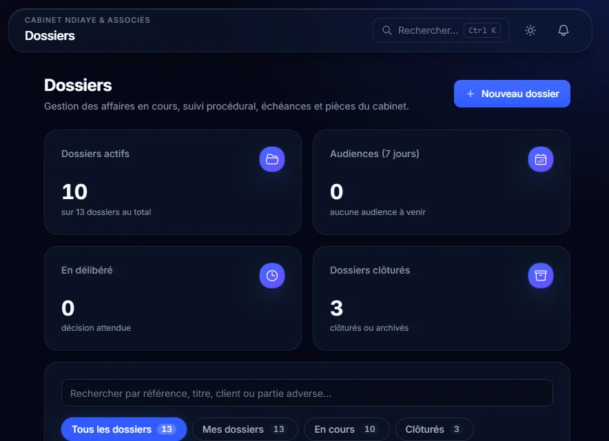 Capture de l'interface cabinet AvocatProTech : liste des dossiers, filtres et statuts.