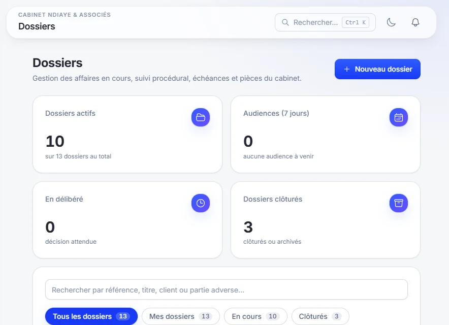 Capture de l'interface cabinet AvocatProTech : liste des dossiers, filtres et statuts.